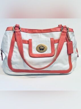 Coach Cricket White and Coral Pink Leather Tote Bag with Turn-Lock Closure